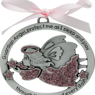 Pink Epoxy Angel Crib Medal W/Pink Ribbed Carded #CM16P