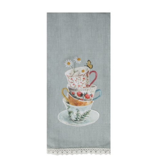 Cottage Core Stacked Tea Cups Tea Towel #R7078